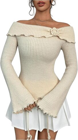 MakeMeChic Women's 3D Floral Rib Knitted Sweater Bell Sleeve Lettuce Trim Off Shoulder Knit Top in Saudi Arabia