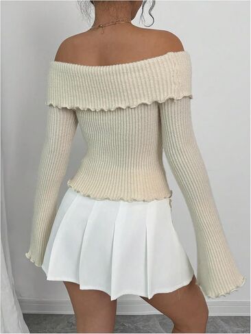 MakeMeChic Women's 3D Floral Rib Knitted Sweater Bell Sleeve Lettuce Trim Off Shoulder Knit Top in Saudi Arabia