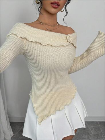MakeMeChic Women's 3D Floral Rib Knitted Sweater Bell Sleeve Lettuce Trim Off Shoulder Knit Top in Saudi Arabia