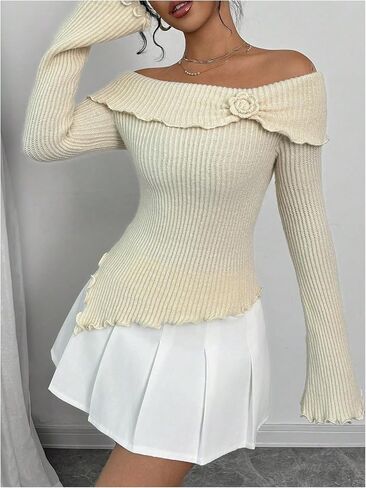 MakeMeChic Women's 3D Floral Rib Knitted Sweater Bell Sleeve Lettuce Trim Off Shoulder Knit Top in Saudi Arabia