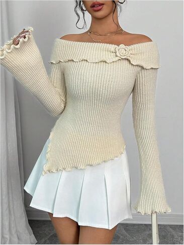 MakeMeChic Women's 3D Floral Rib Knitted Sweater Bell Sleeve Lettuce Trim Off Shoulder Knit Top in Saudi Arabia