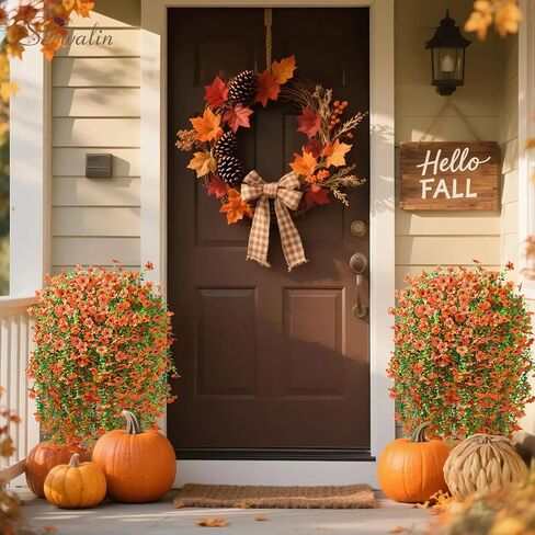 Serwalin 4PCS Artificial Mums for Outdoors, Realistic Silk Artificial Fall Flowers for Outside, Patio, Garden, Porch, Window（Fall Orange,4PCS in Saudi Arabia