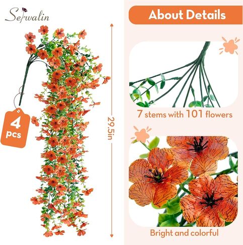 Serwalin 4PCS Artificial Mums for Outdoors, Realistic Silk Artificial Fall Flowers for Outside, Patio, Garden, Porch, Window（Fall Orange,4PCS in Saudi Arabia