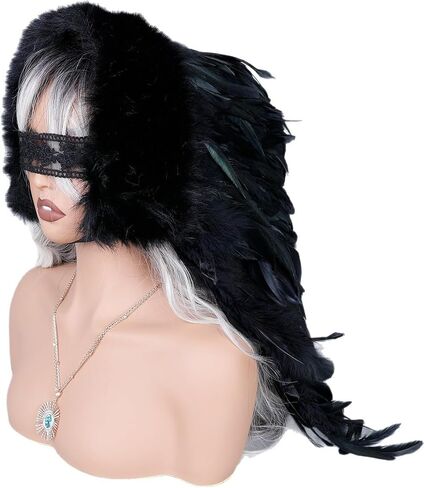 Black Feather Hood Headpiece Handmade Festival Costume Hood with Faux Fur Trim for Masquerade, Cosplay & Stage Performance in Saudi Arabia
