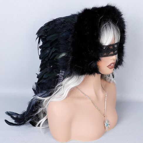 Black Feather Hood Headpiece Handmade Festival Costume Hood with Faux Fur Trim for Masquerade, Cosplay & Stage Performance in Saudi Arabia