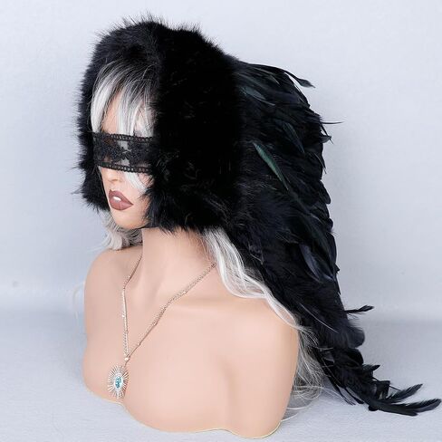 Black Feather Hood Headpiece Handmade Festival Costume Hood with Faux Fur Trim for Masquerade, Cosplay & Stage Performance in Saudi Arabia
