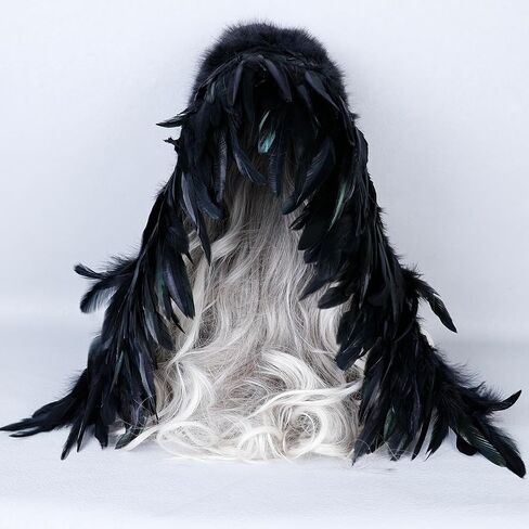 Black Feather Hood Headpiece Handmade Festival Costume Hood with Faux Fur Trim for Masquerade, Cosplay & Stage Performance in Saudi Arabia