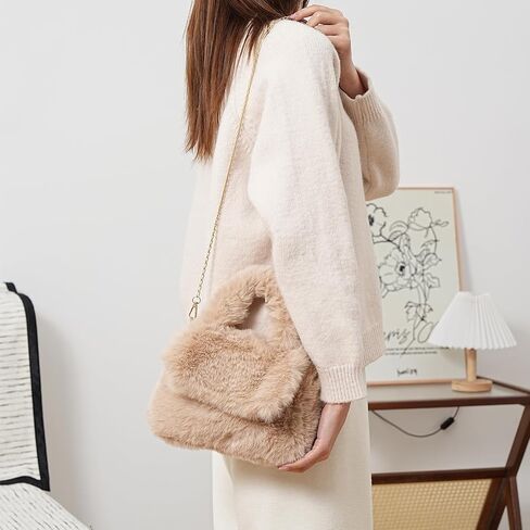 Fluffy Tote Bag for Woman Plush Shoulder Handbag Furry Faux Fur Purse for Winter in Kuwait
