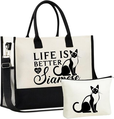 InnoBeta Siamese Cat Gifts for Women, Canvas Tote Bag, Tote with Top Zipper Closure and Shoulder Strap in Saudi Arabia