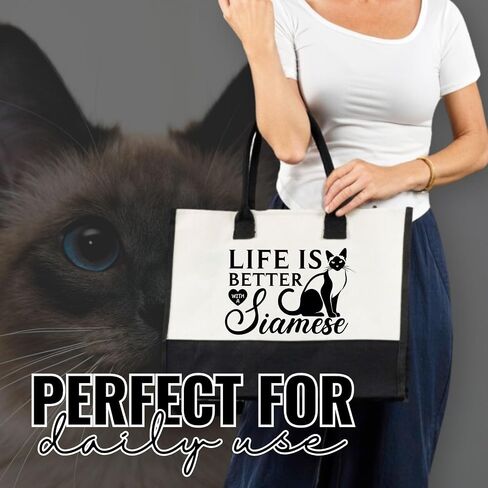 InnoBeta Siamese Cat Gifts for Women, Canvas Tote Bag, Tote with Top Zipper Closure and Shoulder Strap in Saudi Arabia