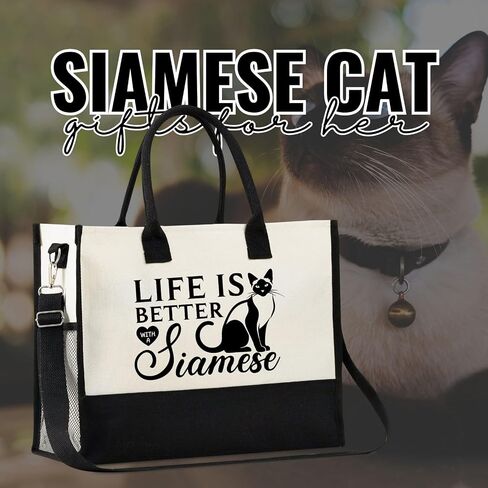 InnoBeta Siamese Cat Gifts for Women, Canvas Tote Bag, Tote with Top Zipper Closure and Shoulder Strap in Saudi Arabia
