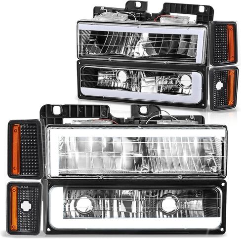 DNA MOTORING C Style LED DRL Headlight+Bumper Signal+Corner Lamps Set Compatible with 88-93 Chevy C/K1500-3500,Black/Amber,HL-LB2-8P-C1088-BK-AM in Saudi Arabia