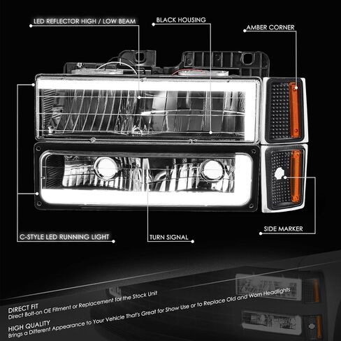 DNA MOTORING C Style LED DRL Headlight+Bumper Signal+Corner Lamps Set Compatible with 88-93 Chevy C/K1500-3500,Black/Amber,HL-LB2-8P-C1088-BK-AM in Saudi Arabia