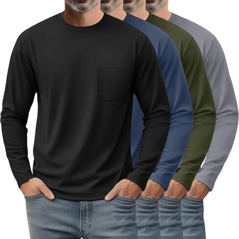 4 Pack Men's Big and Tall Shirts Long Sleeve Pocket T-Shirts Cotton Crew Neck Tops Comfy Slim Fit Breathable Tees in Saudi Arabia
