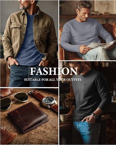 4 Pack Men's Big and Tall Shirts Long Sleeve Pocket T-Shirts Cotton Crew Neck Tops Comfy Slim Fit Breathable Tees in Saudi Arabia