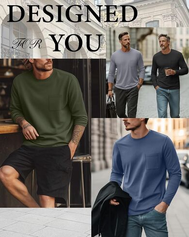 4 Pack Men's Big and Tall Shirts Long Sleeve Pocket T-Shirts Cotton Crew Neck Tops Comfy Slim Fit Breathable Tees in Saudi Arabia