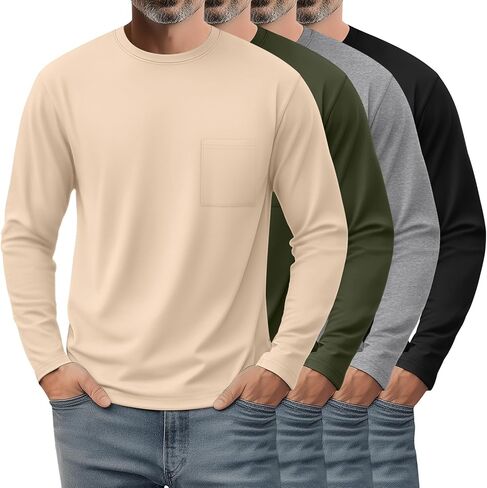 4 Pack Men's Big and Tall Shirts Long Sleeve Pocket T-Shirts Cotton Crew Neck Tops Comfy Slim Fit Breathable Tees in Saudi Arabia