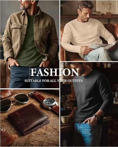 4 Pack Men's Big and Tall Shirts Long Sleeve Pocket T-Shirts Cotton Crew Neck Tops Comfy Slim Fit Breathable Tees in Saudi Arabia