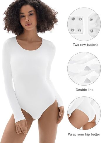 Women's Long Sleeve Bodysuit Round Neck Double Lined Body Suits Basic Slim Shirt Tops in Kuwait
