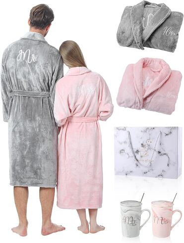 Jecery His and Hers Robes Set Flannel Kimono Matching Robes Mr and Mrs Bathrobes with 18.6 oz Mugs Set for Wedding Love Gift in Saudi Arabia
