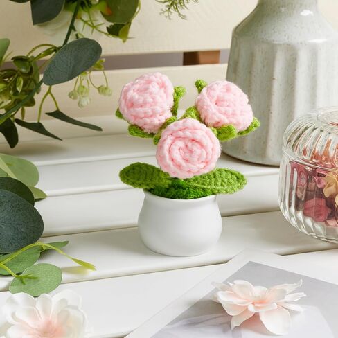 LAIDANLA كروشيه الزهور الحمراء الورود الصغيرة بوعاء، اليدوية التقدير الذكرى عيد الميلاد هدايا عيد الميلاد للنساء المعلم عاشق أمي أخت صديق محبوك زهرة لمكتب لوحة القيادة السيارة in Kuwait