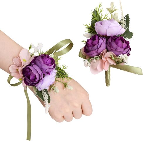 Wrist Corsage and Boutonniere Set, Artificial Purple Rose Hand Flower for Prom Wedding Wrist Corsage Wrist Flower for Graduation Party in Saudi Arabia
