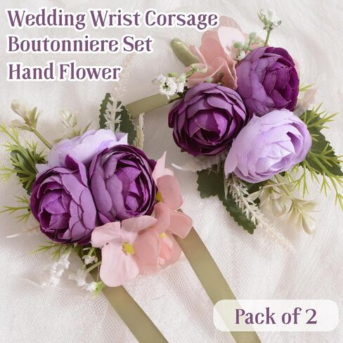 Wrist Corsage and Boutonniere Set, Artificial Purple Rose Hand Flower for Prom Wedding Wrist Corsage Wrist Flower for Graduation Party in Saudi Arabia