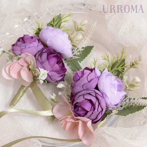 Wrist Corsage and Boutonniere Set, Artificial Purple Rose Hand Flower for Prom Wedding Wrist Corsage Wrist Flower for Graduation Party in Saudi Arabia