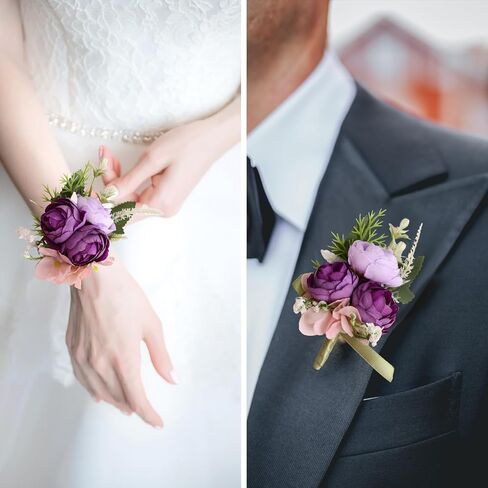 Wrist Corsage and Boutonniere Set, Artificial Purple Rose Hand Flower for Prom Wedding Wrist Corsage Wrist Flower for Graduation Party in Saudi Arabia
