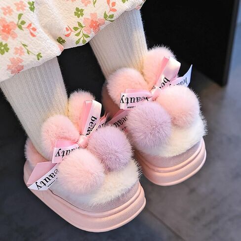 Toddler Girls Boys Slippers 2025 Fluffy Pompoms Anti-slip Shoes Winter Warm Indoor Outdoor Platform Shoes with Heel Cover in Saudi Arabia