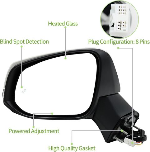Left Side Door Mirror Fit for 2019-2023 Toyota Rav4, Power Glass Door View Mirror with Heating Function,with Blind Spot Detection,Turn Signal （White,8Pins） (Right/Passenger Side) in Kuwait