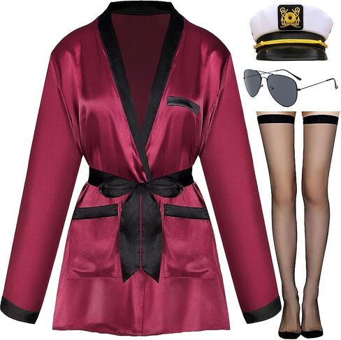 Mprocen Women's Red Satin Kimono Robe Adult Captain Hat Halloween Cosplay Costume Accessories Set Silk Jacket Robe Outfits in Saudi Arabia