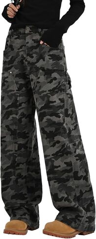 Girls’ High Rise Straight Leg Cargo Pants Y2K Camo Streetwear Trousers in Saudi Arabia