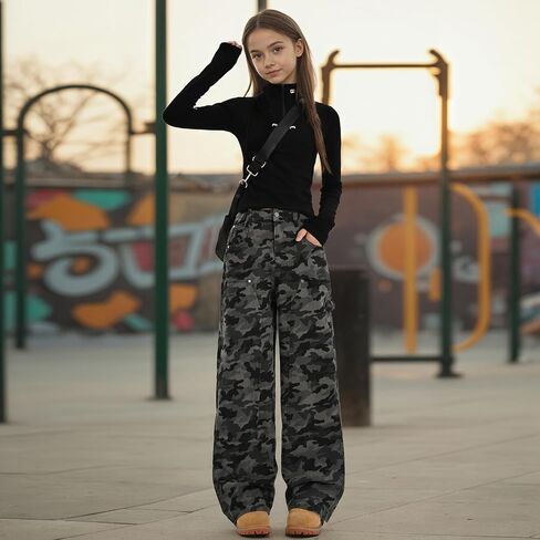 Girls’ High Rise Straight Leg Cargo Pants Y2K Camo Streetwear Trousers in Saudi Arabia