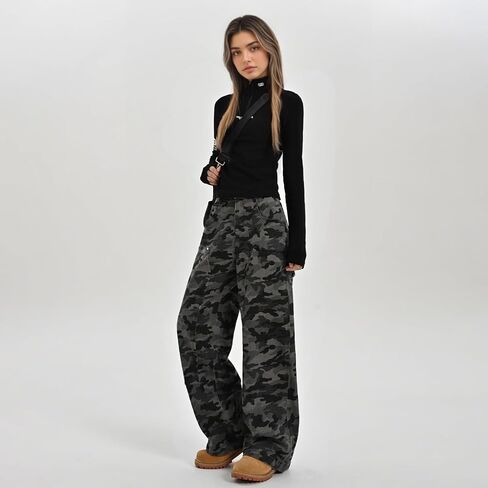 Girls’ High Rise Straight Leg Cargo Pants Y2K Camo Streetwear Trousers in Saudi Arabia