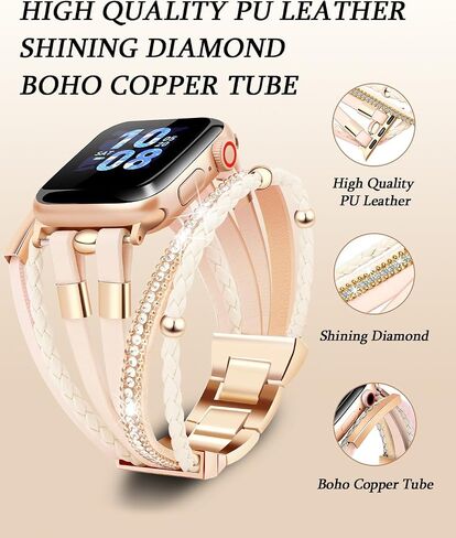 Boho Bracelet Compatible for Apple Watch Band 40mm Women, Multilayer Wrap Strap for Apple Watch 41mm 38mm, Leather Copper Pipe Apple Watch Bands for iWatch Series 10/9/8/7/6/5/4/3/2/1/SE - Khaki in Saudi Arabia