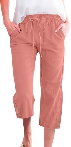 Womens Capris Pants High Waist Drawstring Comfy Casual Lightweight Loose Trousers Buttons Trim with Pockets in Saudi Arabia