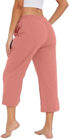Womens Capris Pants High Waist Drawstring Comfy Casual Lightweight Loose Trousers Buttons Trim with Pockets in Saudi Arabia