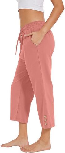 Womens Capris Pants High Waist Drawstring Comfy Casual Lightweight Loose Trousers Buttons Trim with Pockets in Saudi Arabia