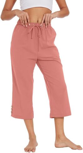 Womens Capris Pants High Waist Drawstring Comfy Casual Lightweight Loose Trousers Buttons Trim with Pockets in Saudi Arabia