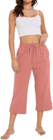 Womens Capris Pants High Waist Drawstring Comfy Casual Lightweight Loose Trousers Buttons Trim with Pockets in Saudi Arabia