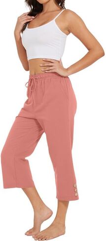Womens Capris Pants High Waist Drawstring Comfy Casual Lightweight Loose Trousers Buttons Trim with Pockets in Saudi Arabia