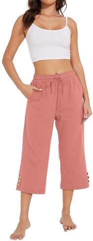 Womens Capris Pants High Waist Drawstring Comfy Casual Lightweight Loose Trousers Buttons Trim with Pockets in Saudi Arabia