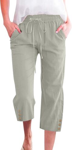 Womens Capris Pants High Waist Drawstring Comfy Casual Lightweight Loose Trousers Buttons Trim with Pockets in Saudi Arabia