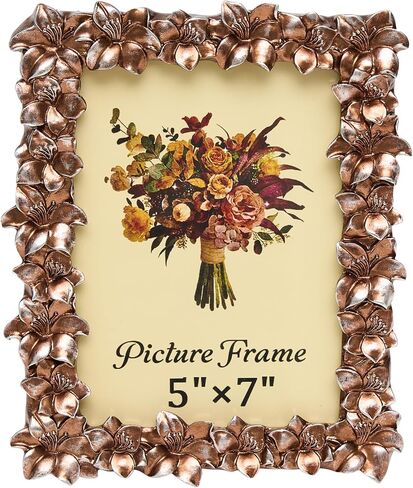 إطار صورة عتيق مقاس 5x7 بوصة، إطارات صور عتيقة مزخرفة بواجهة زجاجية، تصميم زهور الزنبق، معلق على الطاولة والجدار، معرض للصور، ذهبي in Kuwait