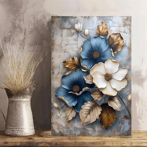 Blue White Flowers Gold Leaves Vintage Rustic Canvas Wall Art - 12x18in Unframed Poster- Home & Office Decor for Living Room, Bedroom, Kitchen & Cafe in Saudi Arabia