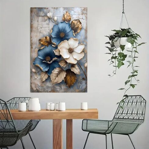 Blue White Flowers Gold Leaves Vintage Rustic Canvas Wall Art - 12x18in Unframed Poster- Home & Office Decor for Living Room, Bedroom, Kitchen & Cafe in Saudi Arabia