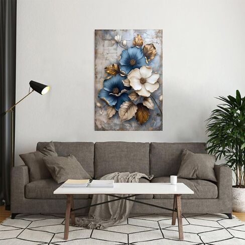 Blue White Flowers Gold Leaves Vintage Rustic Canvas Wall Art - 12x18in Unframed Poster- Home & Office Decor for Living Room, Bedroom, Kitchen & Cafe in Saudi Arabia