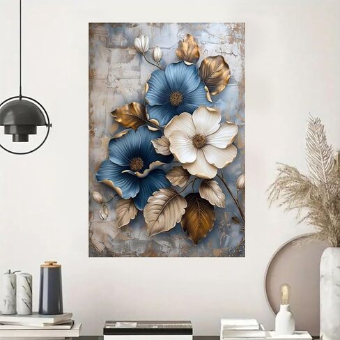 Blue White Flowers Gold Leaves Vintage Rustic Canvas Wall Art - 12x18in Unframed Poster- Home & Office Decor for Living Room, Bedroom, Kitchen & Cafe in Saudi Arabia