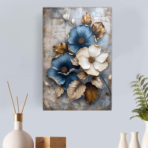 Blue White Flowers Gold Leaves Vintage Rustic Canvas Wall Art - 12x18in Unframed Poster- Home & Office Decor for Living Room, Bedroom, Kitchen & Cafe in Saudi Arabia